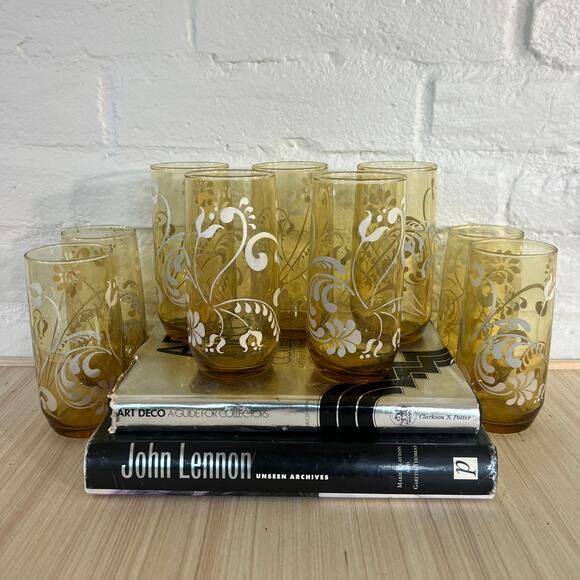 Libbey Vintage Drinking Glass Set | Mid-Century Floral Pattern | Set of 9 - Picture 5 of 5